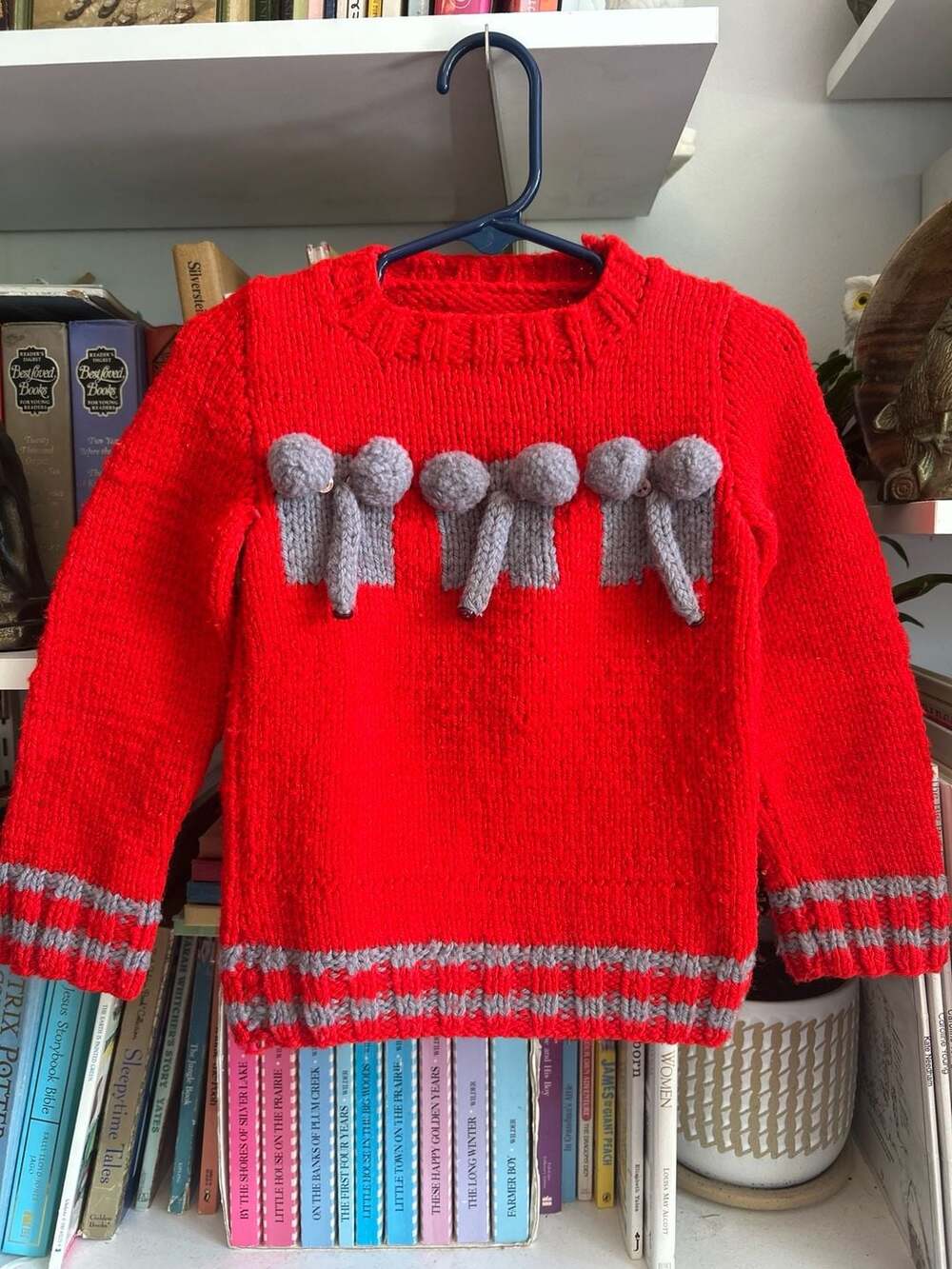 Red Chunky Knit Sweater with Gray Elephant Accents Child Size